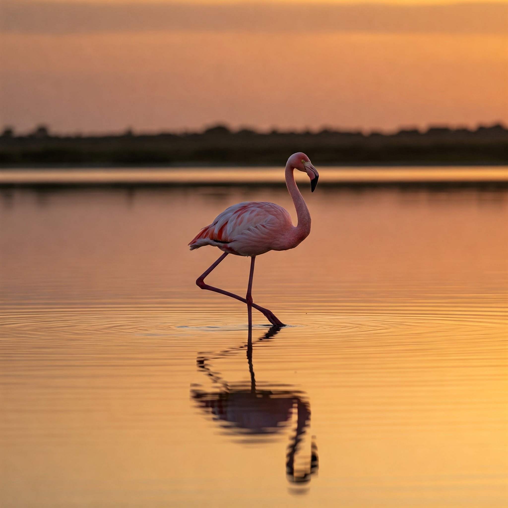 photo of Flamingo Walking in Shallow Water at Sunset